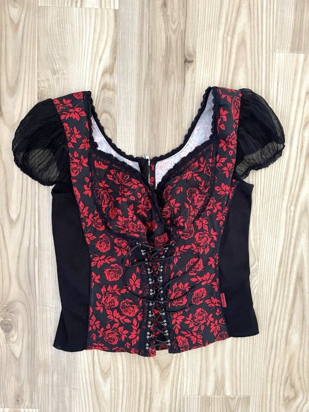 Vintage TRIPP NYC Corset Bustier Rose Floral Lace-Up Top Punk Goth Black Red 3X